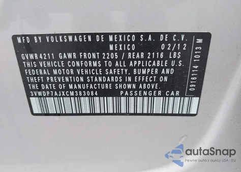 2012 Volkswagen Jetta 2.5L Se from USA, damaged, VIN 3VWDP7AJXCM383084